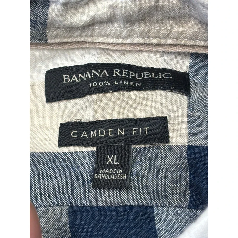 Banana Republic Mens XL Camden Fit 100% Linen Shirt Navy Tan Buffalo Check Plaid